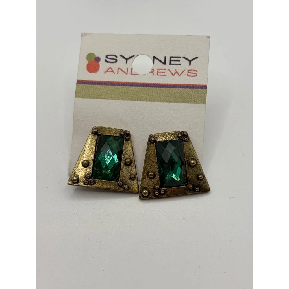 Sydney Andrews Green Crystal Brass Tone Geometric Bracelet and Earring Set